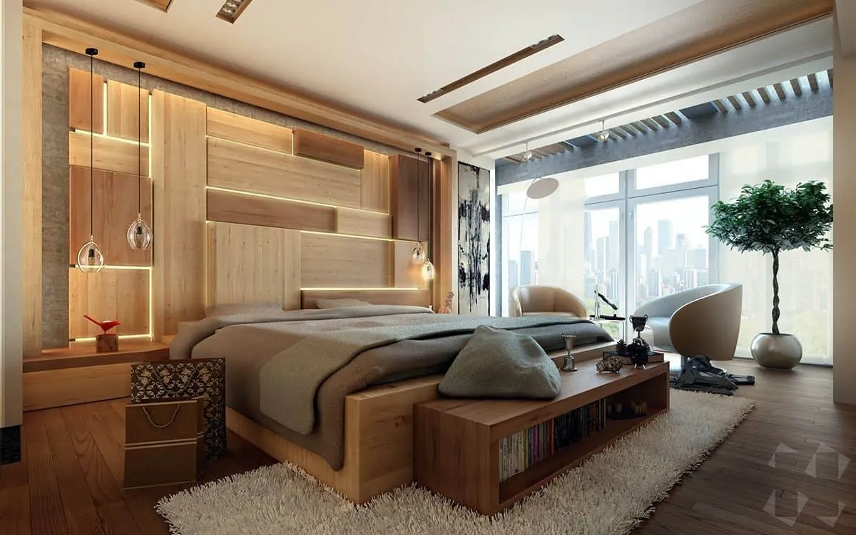 Wooden bedroom wall tiles for a clean and contemporary balance; bedroom false ceiling design; bedroom layout