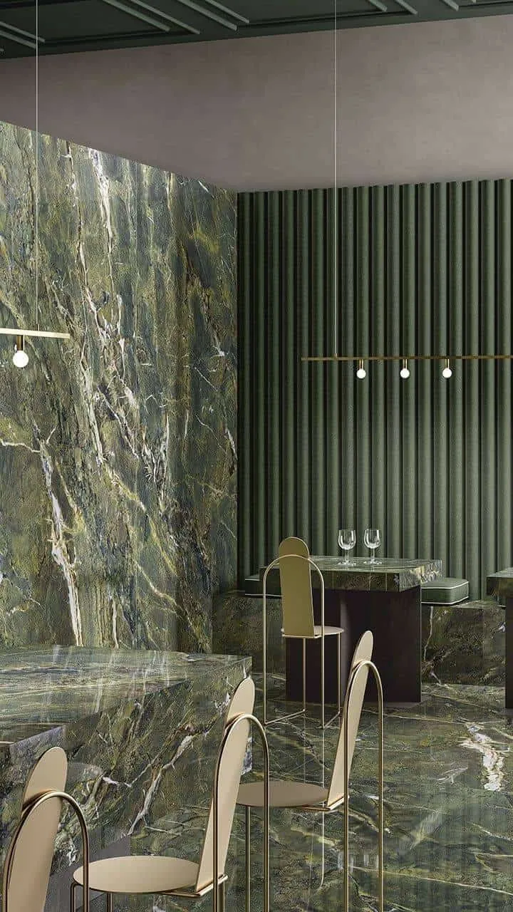 green granite wall in the dining area