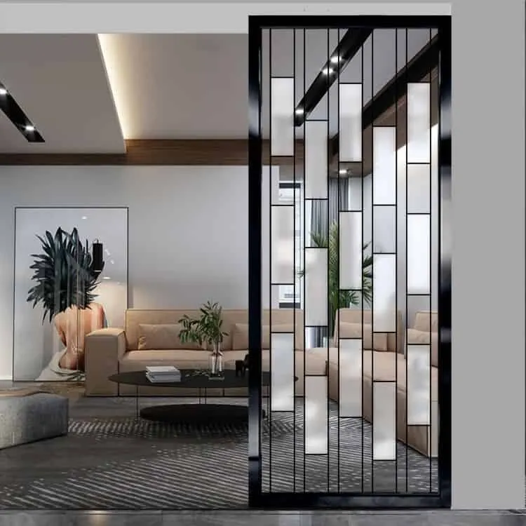 glass partition wall design with black metal frame