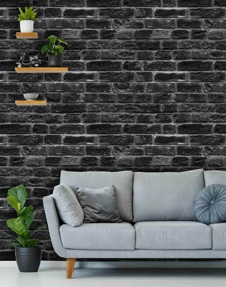 black & grey brick wall design for living room