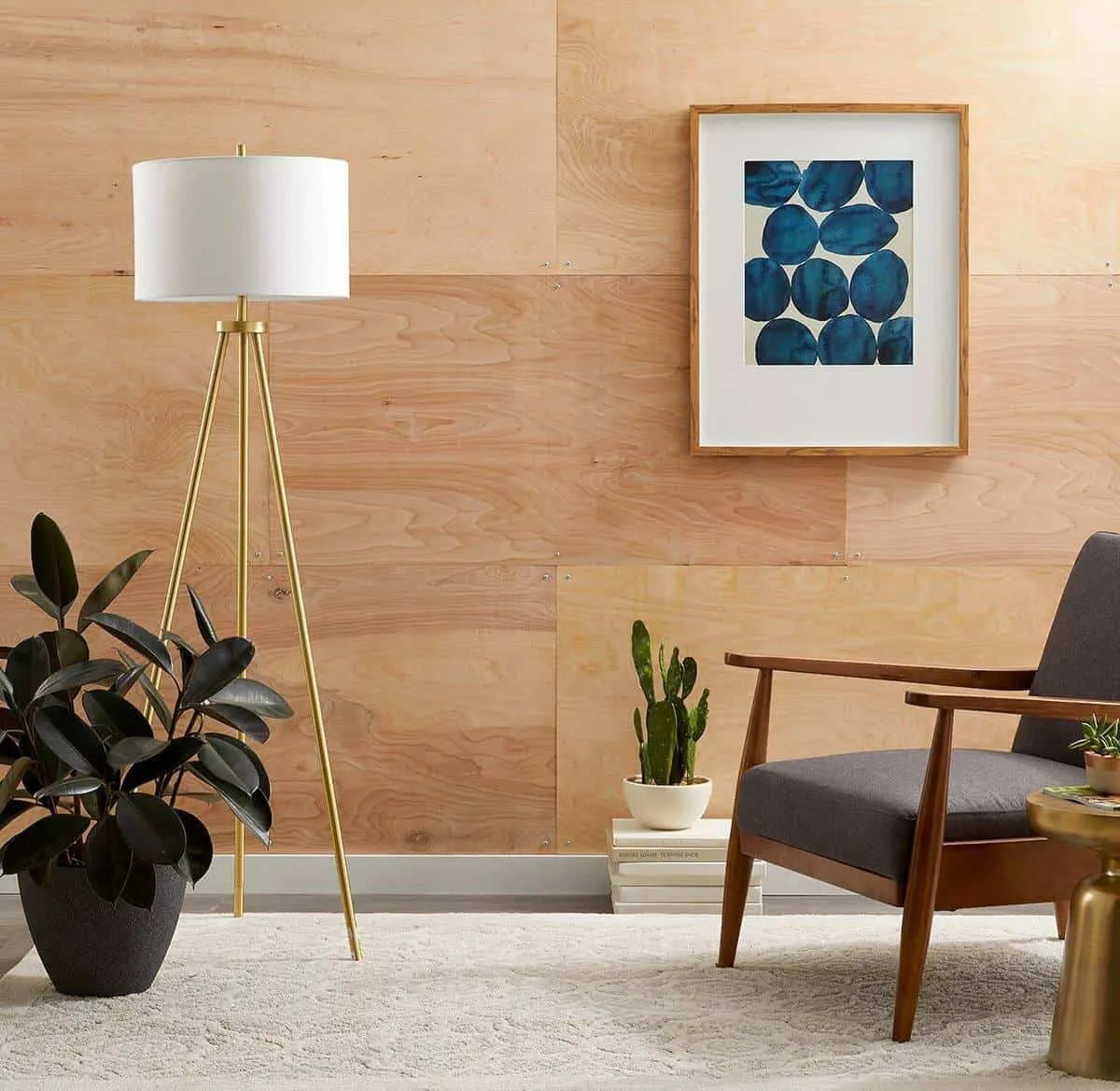 basic neutral plywood wall with matching accessories