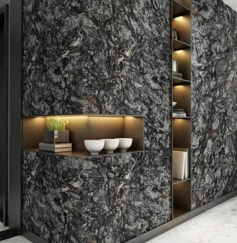 black natural stone wall design with storage space and concealed lights