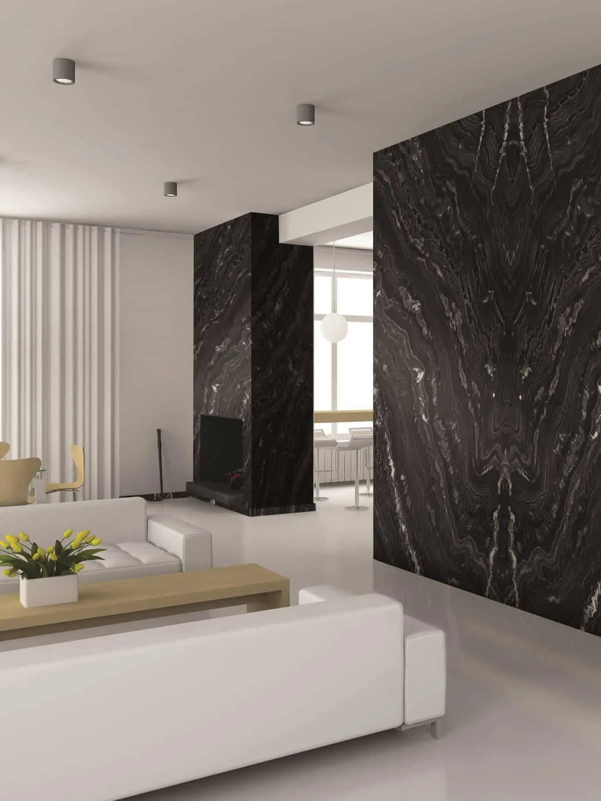 black granite feature wall with white surrounding walls