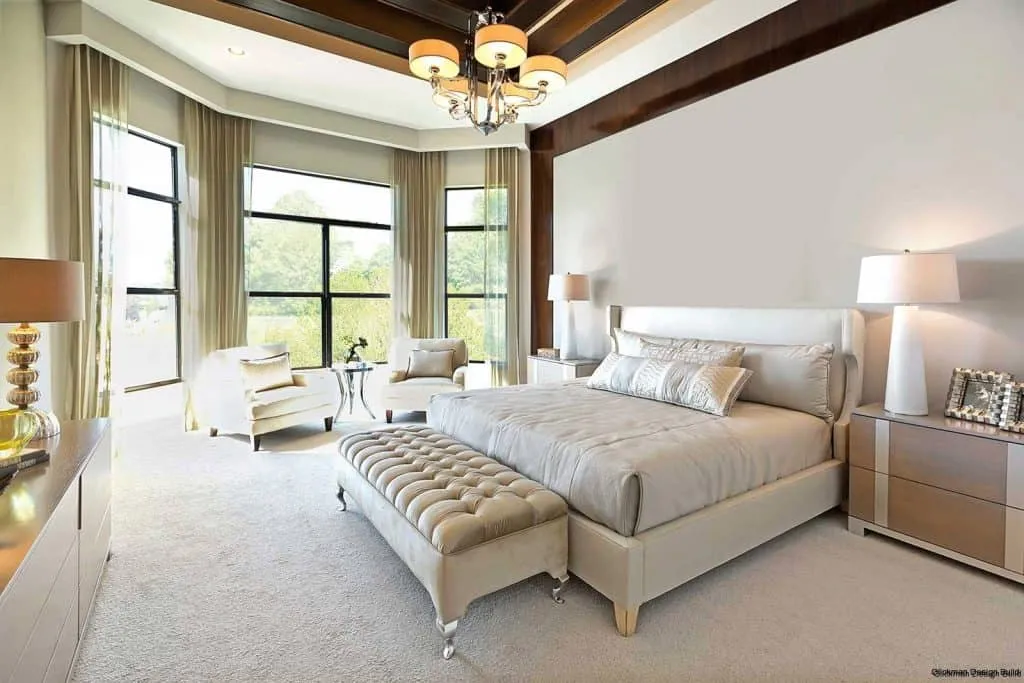 Transitional bedroom with a blend of grey hues; bedroom false ceiling design