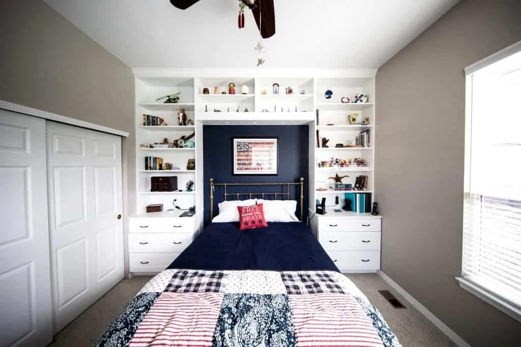  bedroom layout; neutral grey and oriental blue bedroom walls