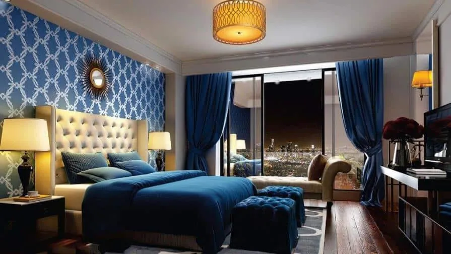  blue wall design layout for bedroom using stencil