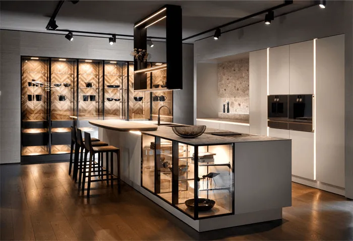 a well-lit kitchen with cupboard and shelflights