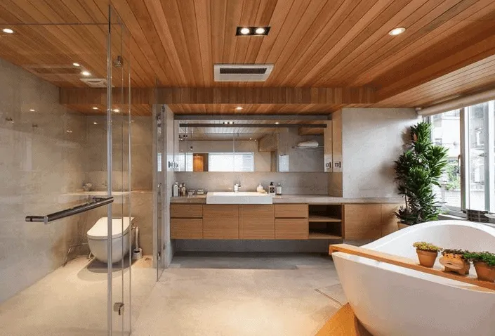 Wooden bathroom false ceiling design with cement floor 