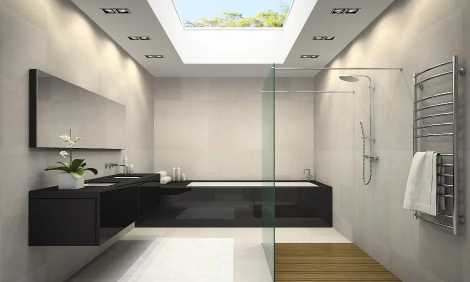 Backlit bathroom false ceiling design with floor for a minimalist look
