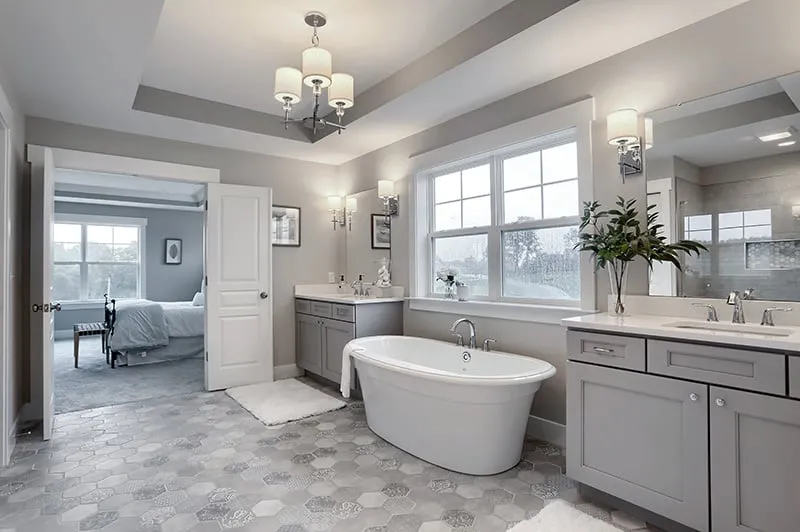 bathroom false ceiling design with tile floor and lighting fixture 