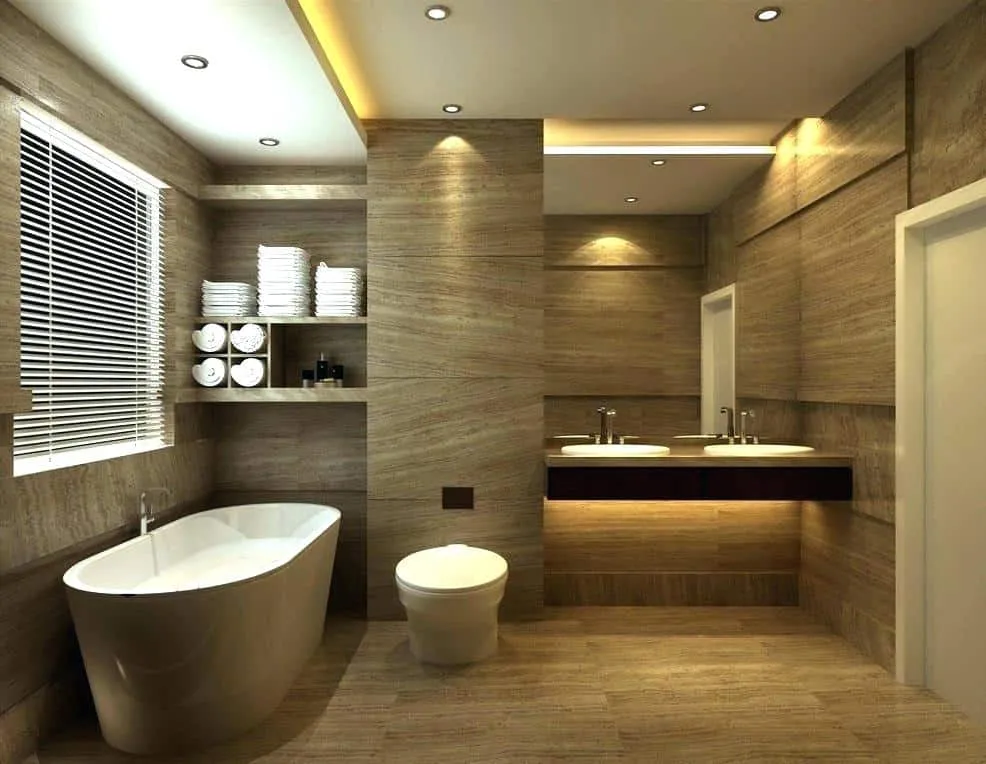 false ceiling idea for a golden look bathroom design with golden floor