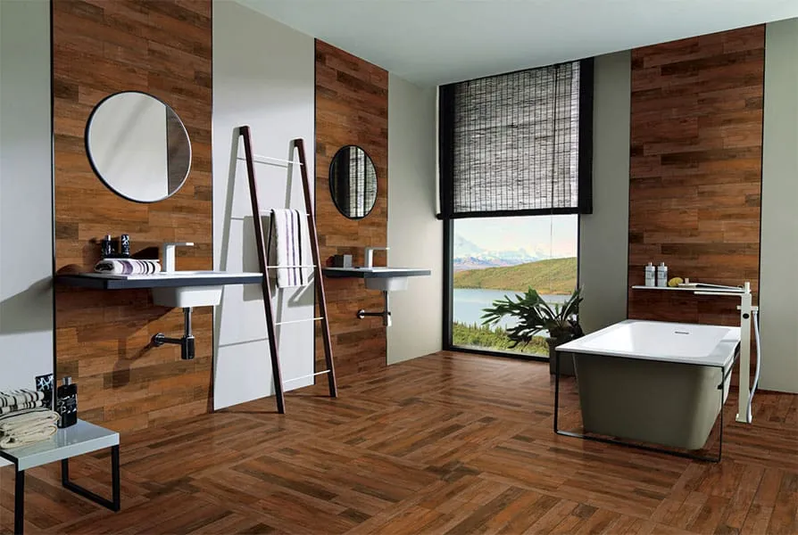 Alternately arranged floor tiles, wooden tiles design for bathroom