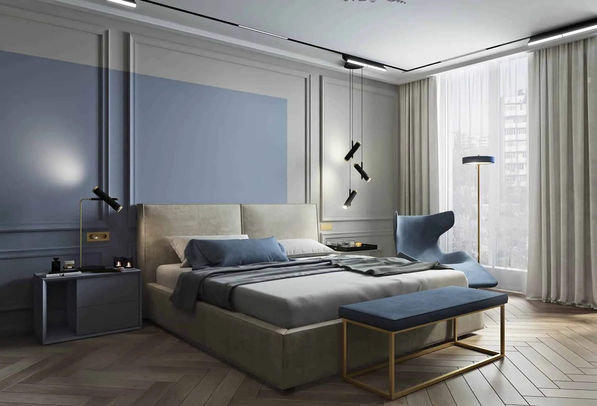 bedroom design with blue and grey wall paint