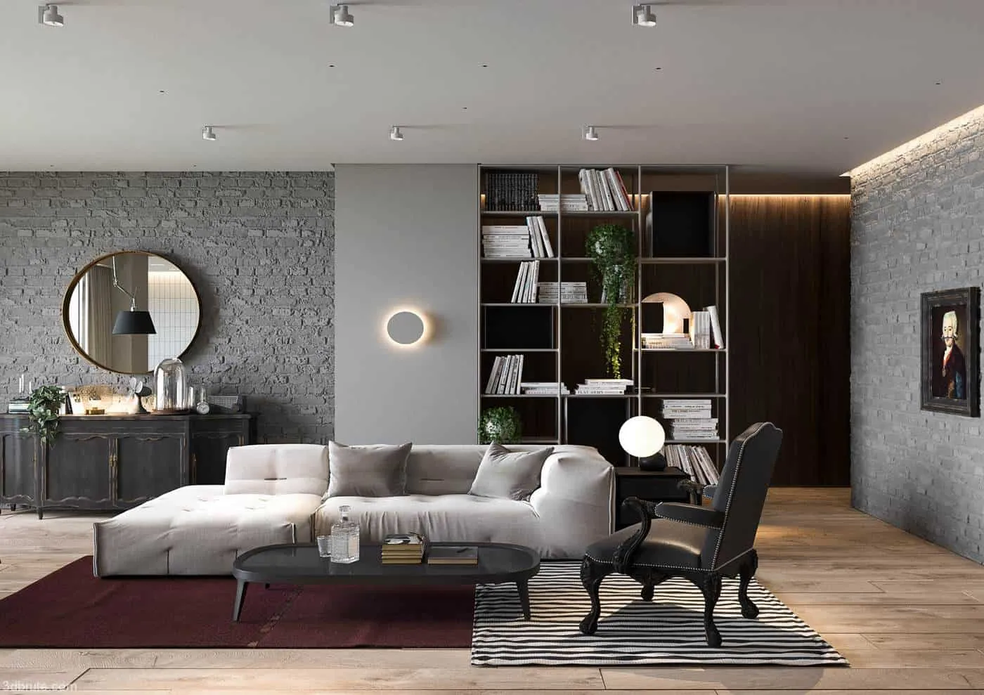 olourful living room decor with bookshelf on wall design