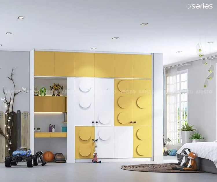 White and yellow kids wardrobe design