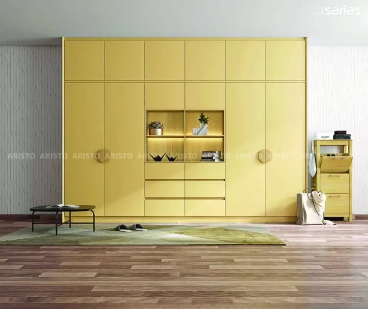 Yellow openable hinged wardrobe storage furniture design for a beautiful room