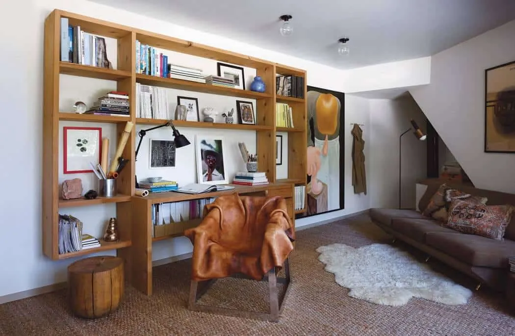 modern house in Los Angeles, living room design with a wooden bookshelf, Pamela Shamshiri house, masonry homes