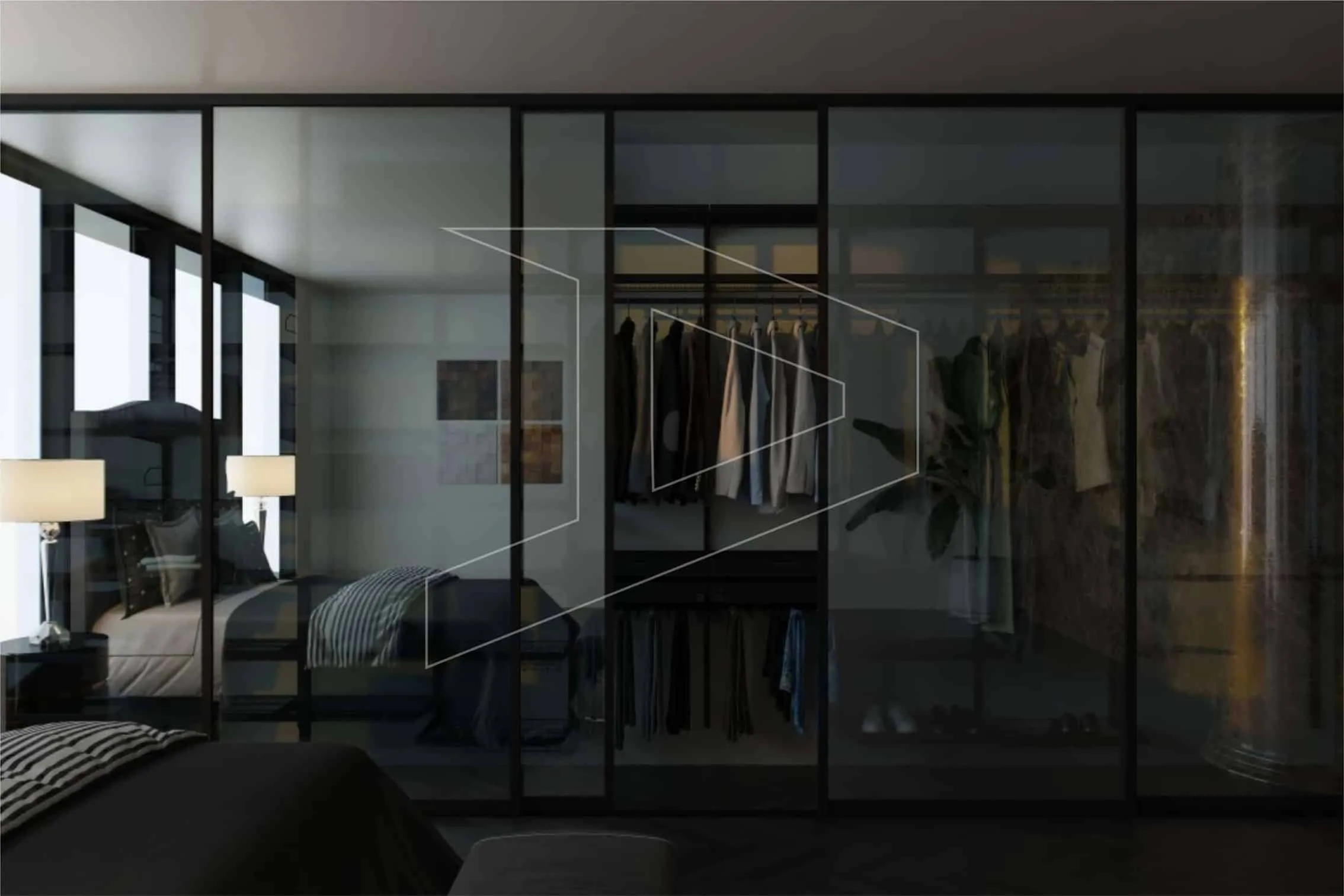 Aristo walk in wardrobe closet with sliding doors & pole based shelves