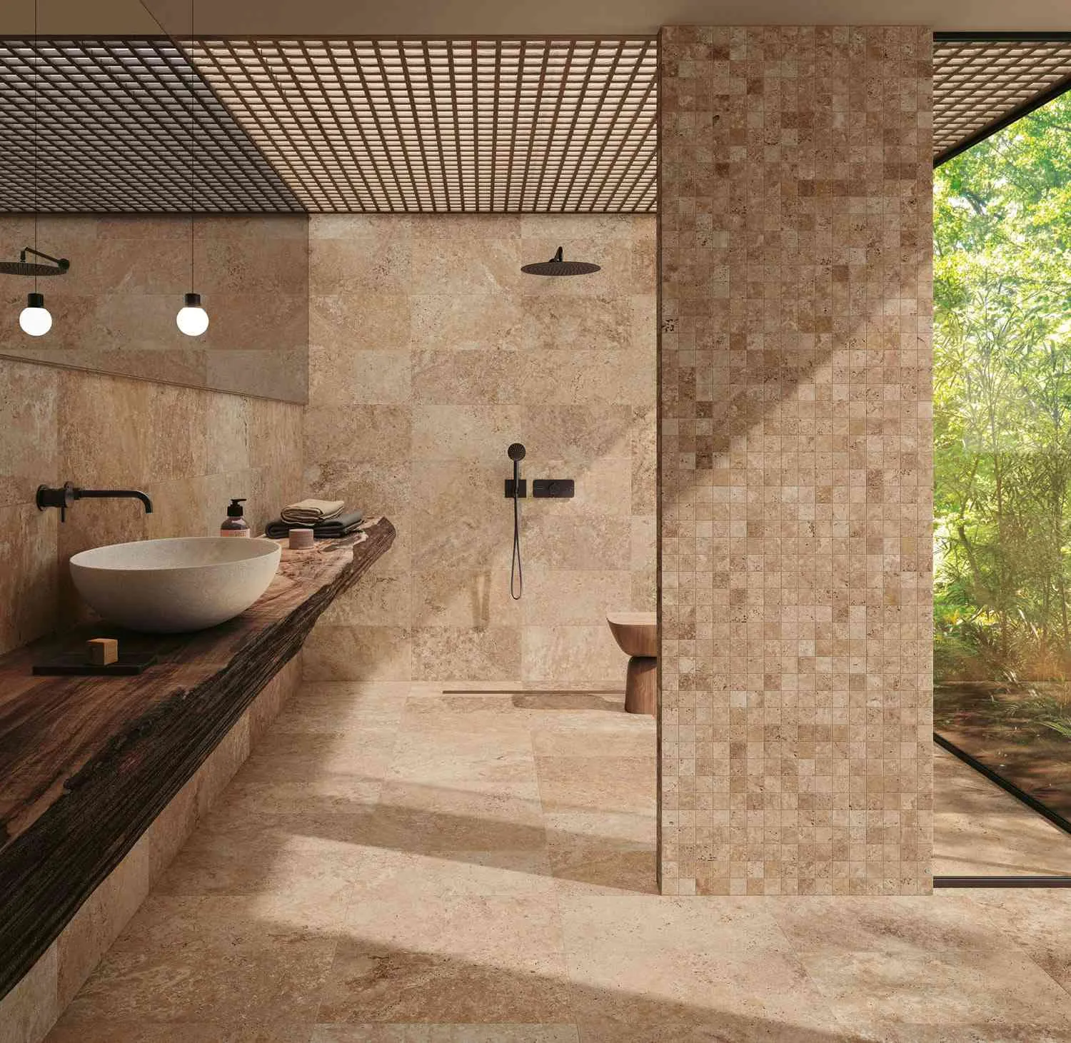brown bathroom with washbasin, taps and s،wer