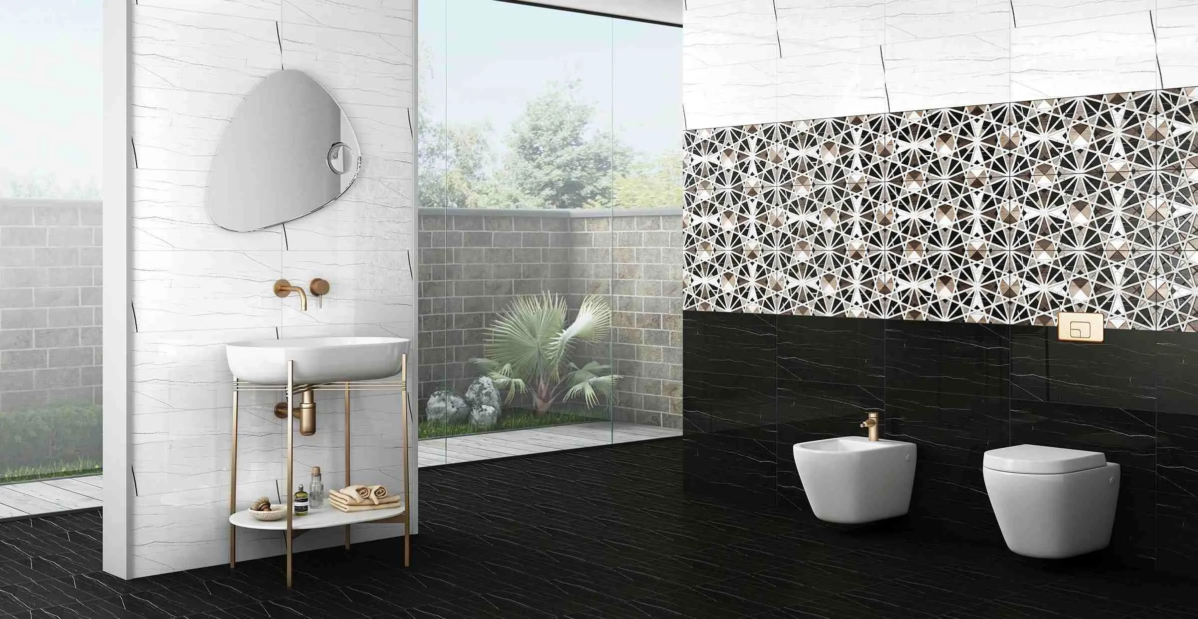 black floor tiles in a bathroom with mirror, toilet, washbasin