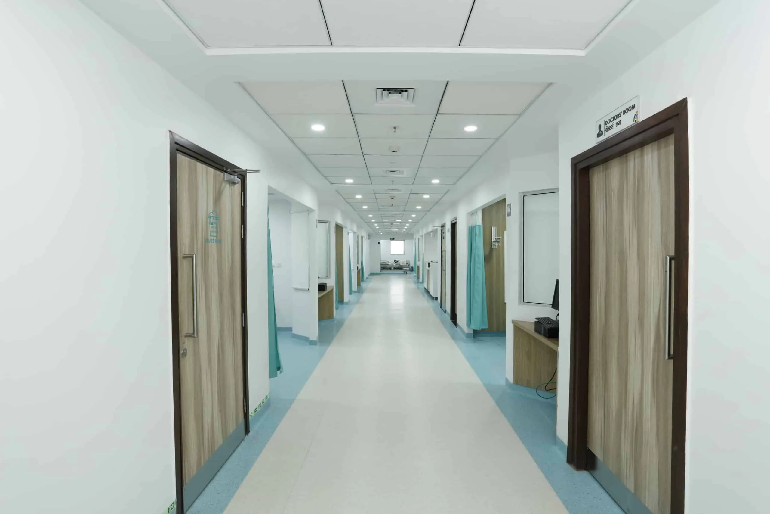 High impact performance Gyproc Drywalls used in corridors of a healthcare facility, design by Hosmac and architect Prasanna Wategaonkar