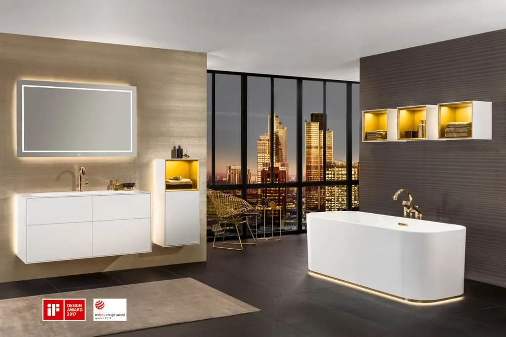 Villeroy & Boch - luxe collection with washbasins, freestanding bath, toilet, and vanities with integrated lighting concept for mirrors and shelves