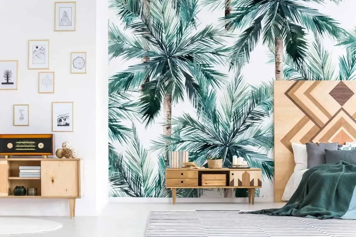 tropical 3D, hall wall sticker in a living room with wooden furniture