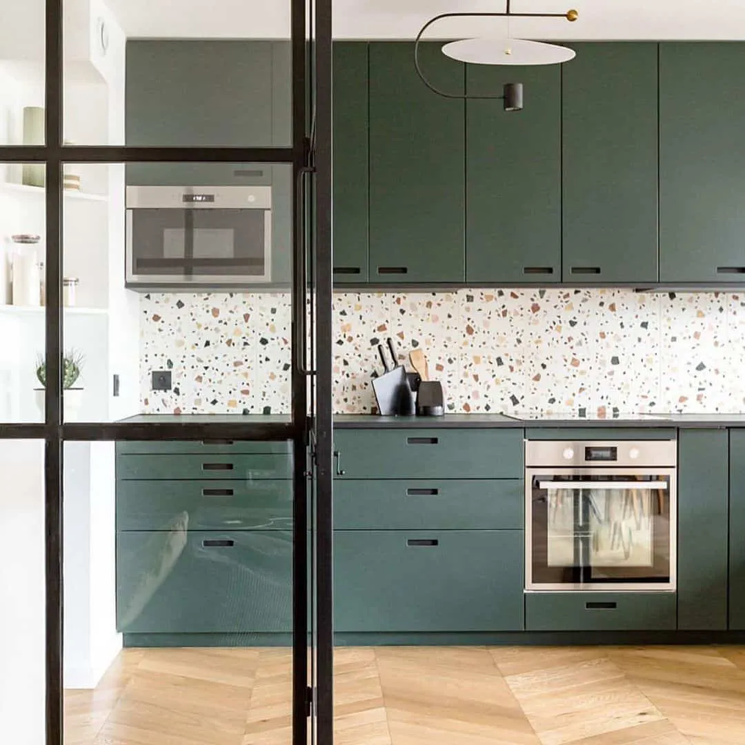 terrazzo tiles for kitchen walls with green cabinetry