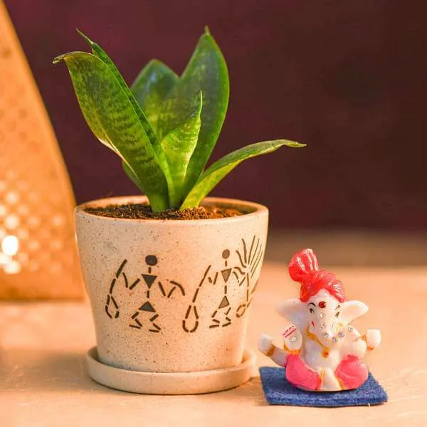 potted plant with Ganesh idol