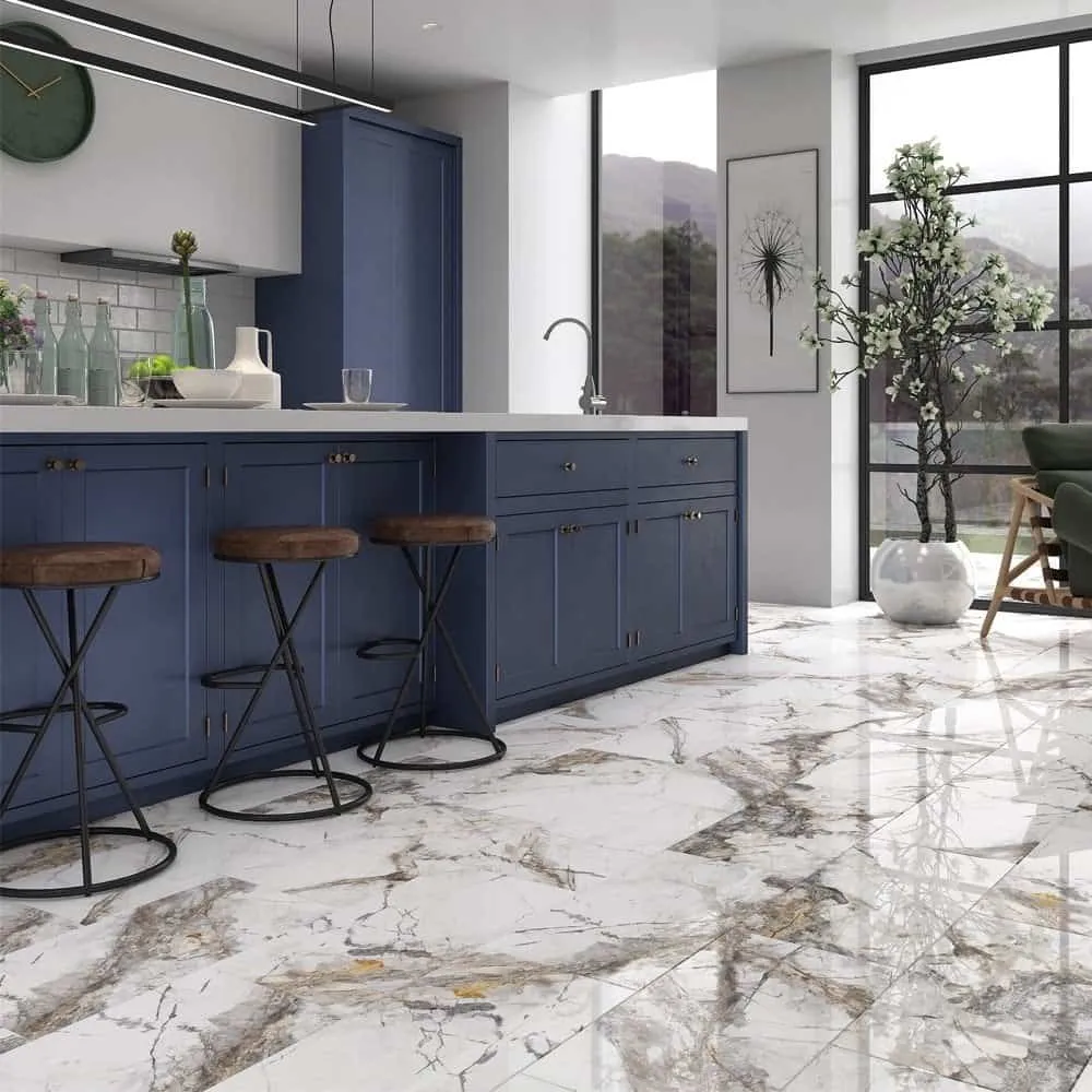 white and brown marble effect metro tiles for kitchen flooring, kitchen floor design