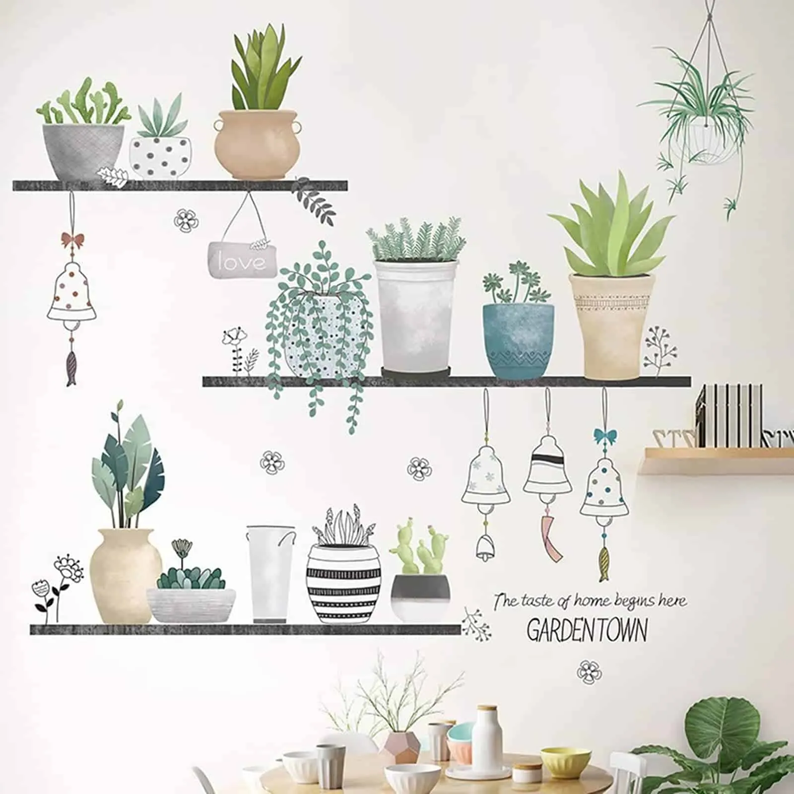kitchen wall sticker with wooden table and pots.
