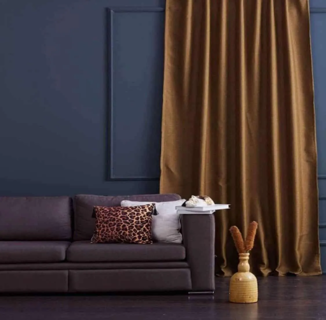 mustard yellow curtain with dark colour interior 