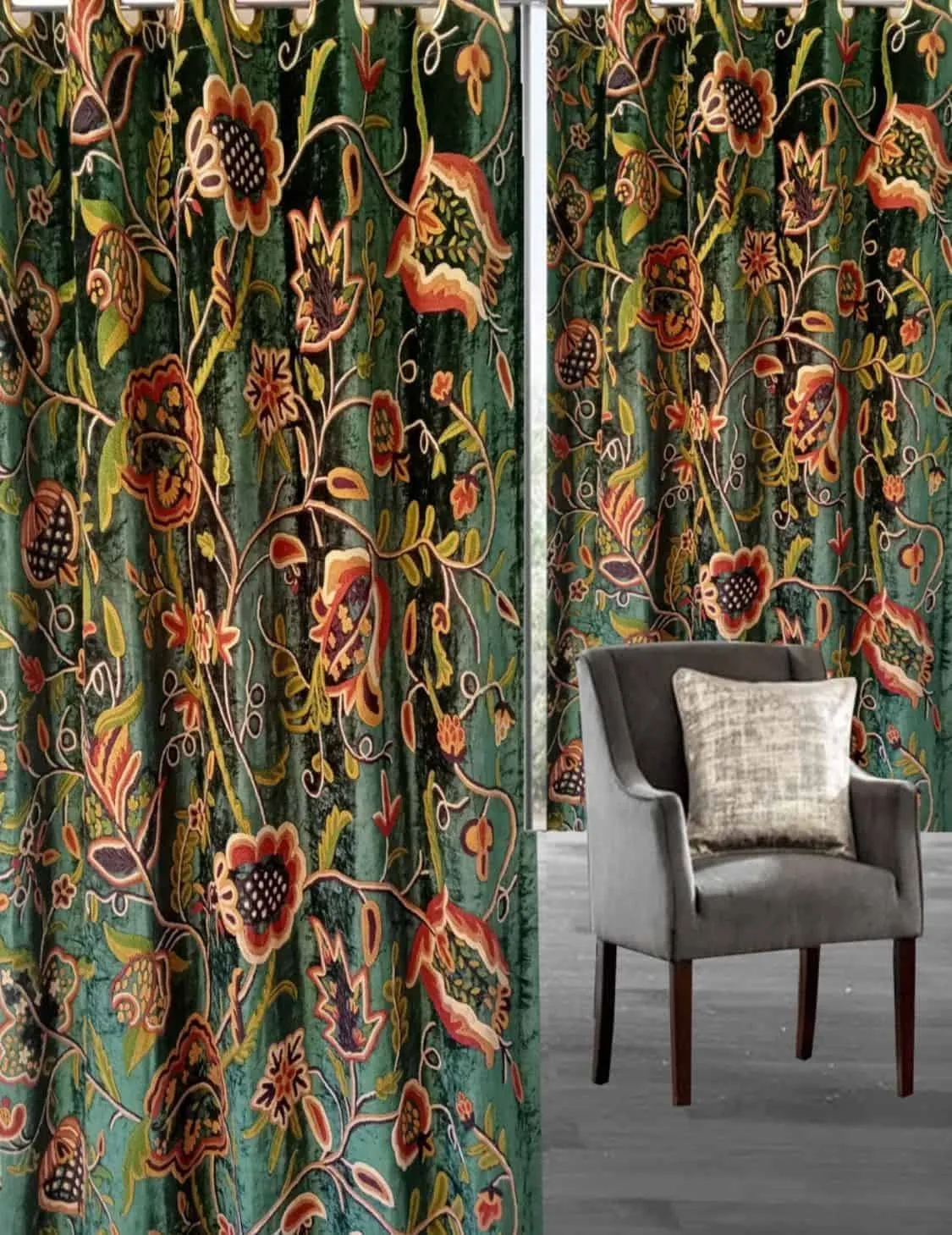 green and colourful velvet drapes