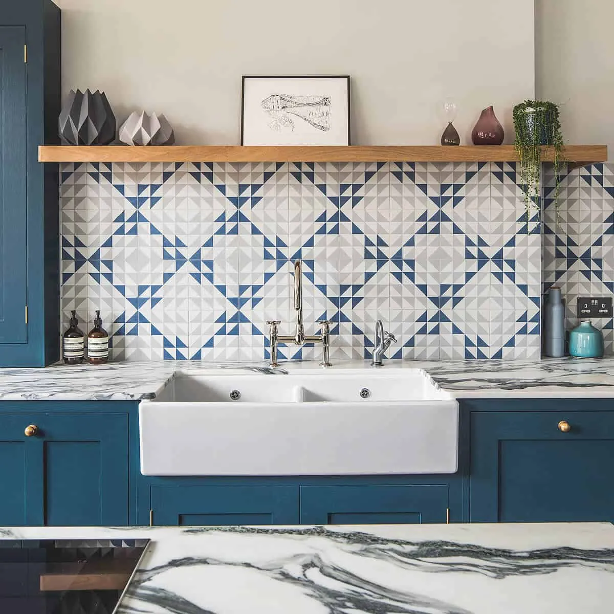 blue, grey and white patterned tiles for kitchen, kitchen backsplash ideas