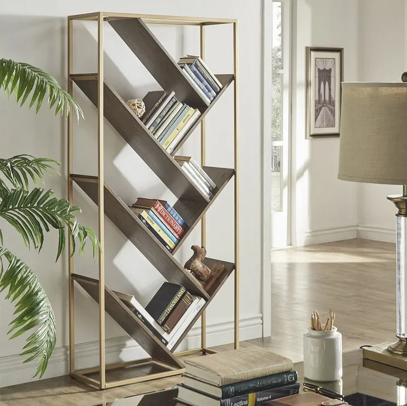 Golden metal bookcase with an angle in front of a study table for your drawing room