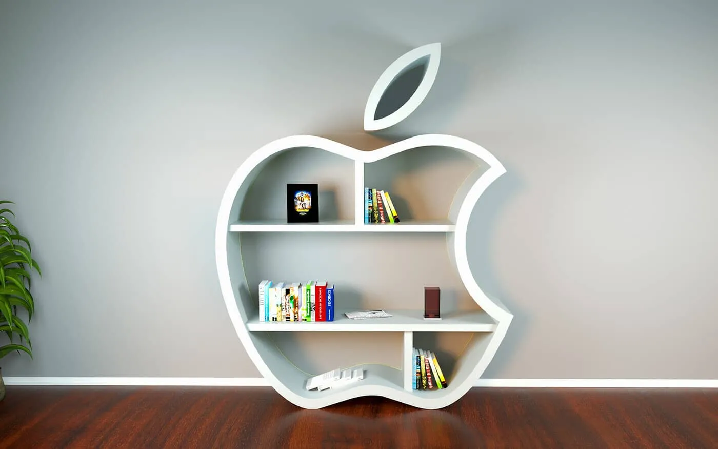 white apple logo book counter, white walls, dark brown floor, books and showpieces