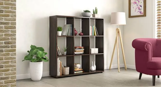 dark brown wooden grid bookcase, room setting, small plants, lampshade, white walls, gray floor, showpieces, books
