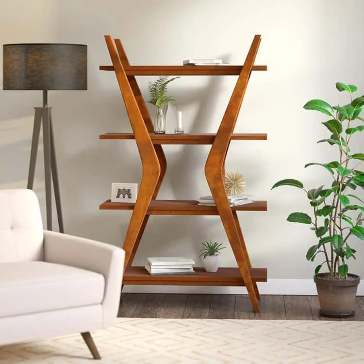 brown wood furniture, articles, x shaped furniture, indoor plant, white sofa, gray lamp stand