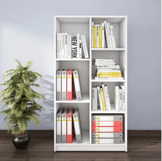 rectangle tall white bookcase, indoor plant, room setting