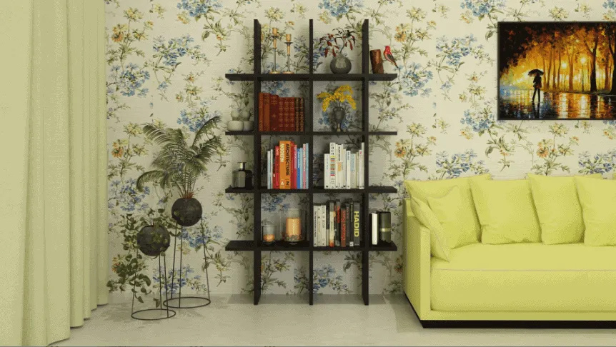 room setting, light green sofa, black straight book case, small plants, books