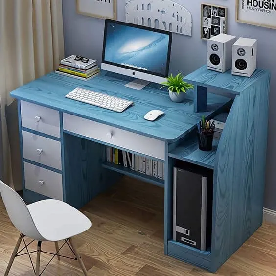 blue and silver computer table, white chair, desktop, room