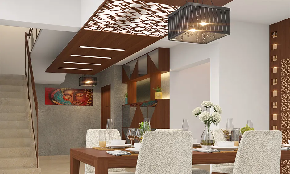 designer ceiling, intricate, wooden, dining room, decorative lighting above, flowers on the table