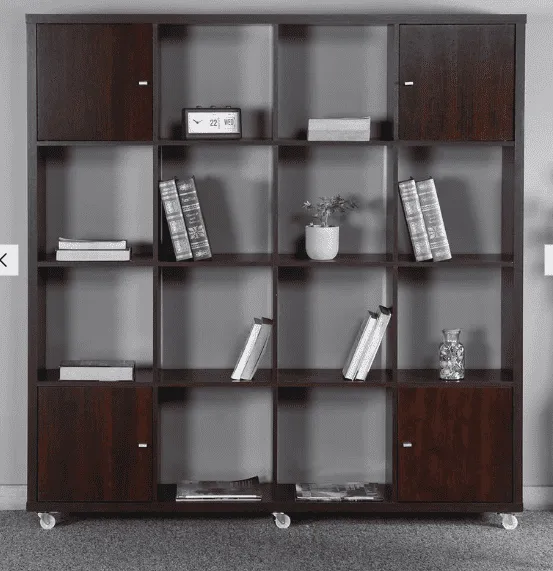 dark brown tall bookcase, square grids