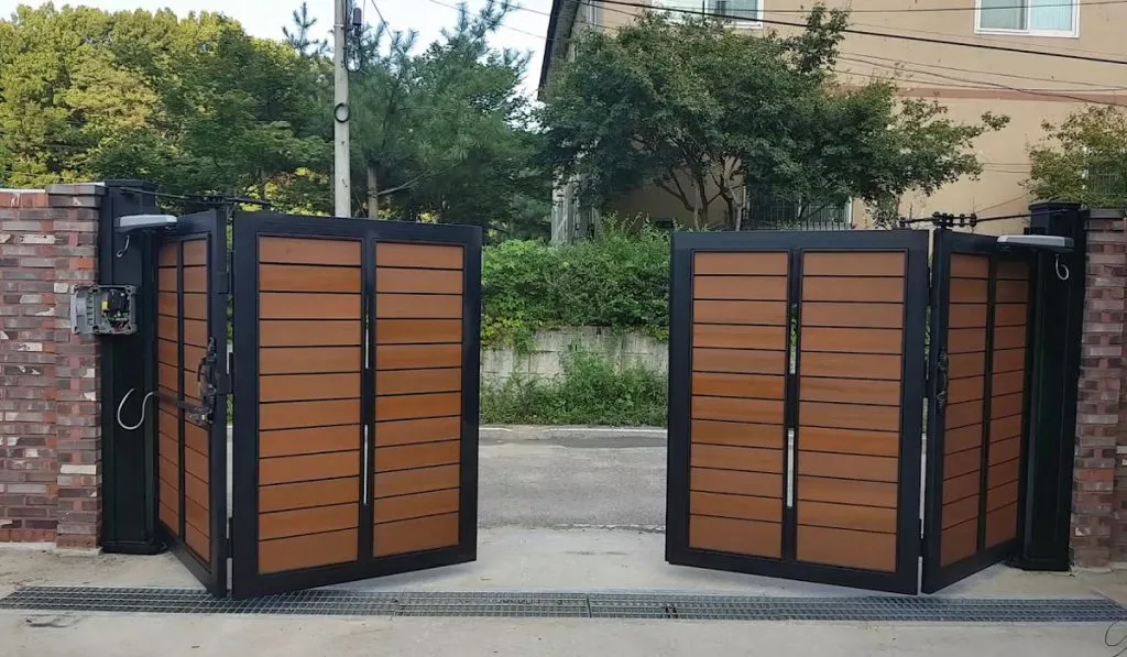 brown folding gate with black accents