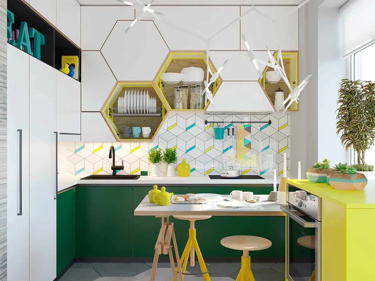 colorful kitchen with a pop of yellow, a dining table with indoor plants
