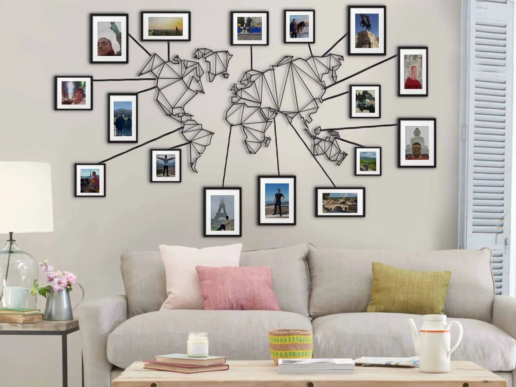 world map wall decoration with metal work in a living room with grey walls and sofa