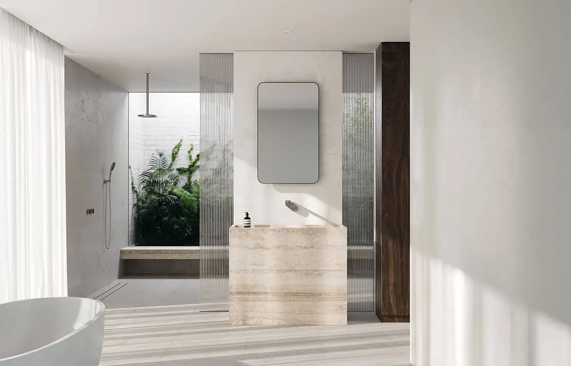 beige washbasin with mirror, indoor plants