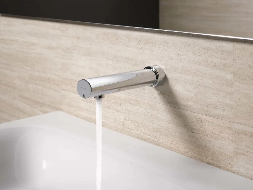 SCHELL MODUS E wall mount tap - affordable automatic sensor tap & draw off fittings for modern washbasin in chrome finish