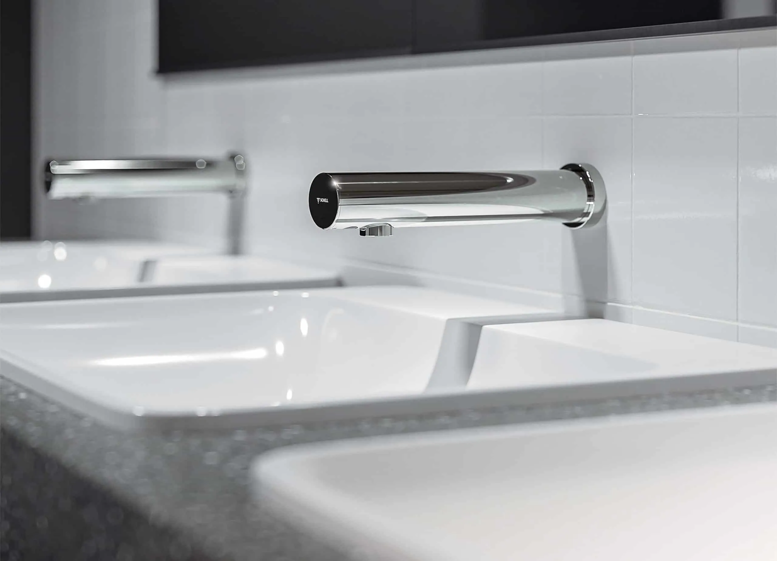 SCHELL MODUS E wall mount tap - affordable automatic sensor tap & draw off fittings for modern washbasin in chrome finish