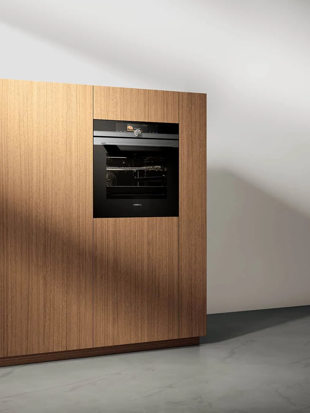 combination steam oven&microwave flushed into brown cabinetry